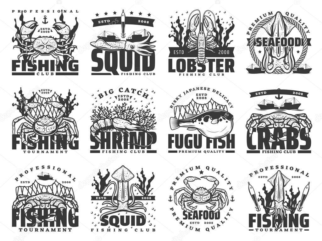 Fishing sport, fish and seafood isolated vector icons. Crab, squid, lobster, shrimp or prawn and fugu fish, fishing boat, net and fisherman tackle, anchor and seaweed monochrome symbols