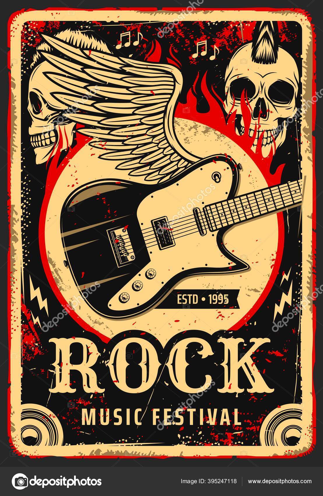 Rock Music Poster Skull Electric Guitar Wings Vector Grunge Red