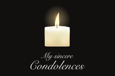 Cenaze kartı mumu, ölüm ilanı mesajı, vektör şablonu. Siyah arka planda beyaz mum alevi olan ölüm yasını tutan hafıza kartı, RIP anma taziyesi.