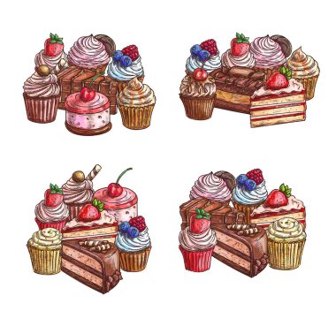 Pastalar ve tatlılar, çizimler, tatlı çikolatalı kekler, pastane pastası, vektör. El yapımı pastaneler tatlı tatlı kekler, cheesecake, tiramisu, browni ve çilekli çikolatalı kek.