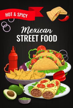 Meksika mutfağı yemekleri, Meksika yemekleri taco ve baharatlı burrito vektör sandviçler ve soslar. Meksika sokak yemekleri nacho cipsi ile guacamole ve acı biber sosu, quesadilla ve tavuk ve et.