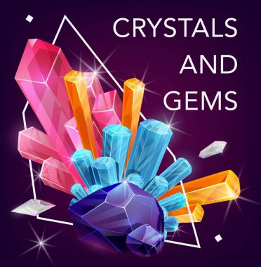 Kristal değerli taşlar, kuvars taşları ve elmaslar, vektör değerli mineraller. Kristal taşlar ve mücevherler yakut, safir ve zümrüt, kuvars cam ve elmas, pırıl pırıl pırıl mücevherler