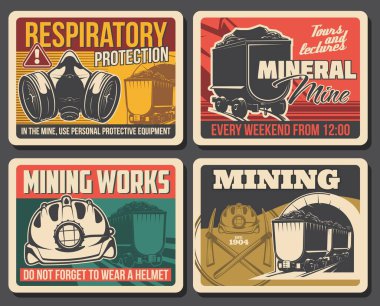 Yağ ve kömür madenciliği posteri, maden fabrikası ve madenci ekipmanı, vektör. Madencilik makineleri ve madencilik araçları kömür ve metal cevherleri taş ocağı, madenci el arabası ve solunum koruma işareti
