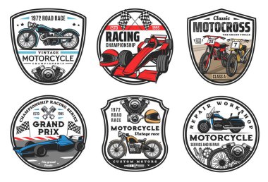 Yarış ikonları, motokros ve arabalar şampiyonluk kupası amblemleri, vektör. Motosiklet yarışı ve motorlu spor arabalar rallisi ya da yarış kulübü takımı, tekerlek, spor araba pisti ve bitiş işareti