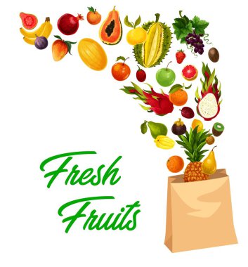 Tropik meyve pazarı, çiftlik yemekleri egzotik meyveler, vektör ananas, portakal ve kavun. Tropik meyve ve çiftlik çileği, papaya, şeftali ve elma, mango, egzotik guava ve kağıt torbada üzüm.