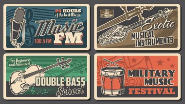 Müzik aletleri posterleri, konser canlı festivali, vektör FM radyo podcast mikrofon. Orkestra senfonik müzik okulu, askeri müzik konseri, Asya kökenli egzotik halk müziği enstrümanları müzesi