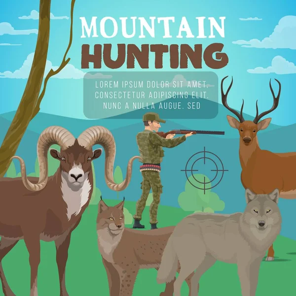 Chasse Montagne Cerfs Forestiers Animaux Sauvages Chasseur Avec Fusil Saison — Image vectorielle