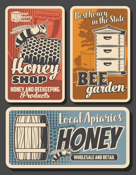 蜂窝上的蜂群 蜂窝上的蜂群 蜂蜜店和养蜂人围场农产品 花园和木桶中的蜂箱 天然农田养蜂场 — 图库矢量图片