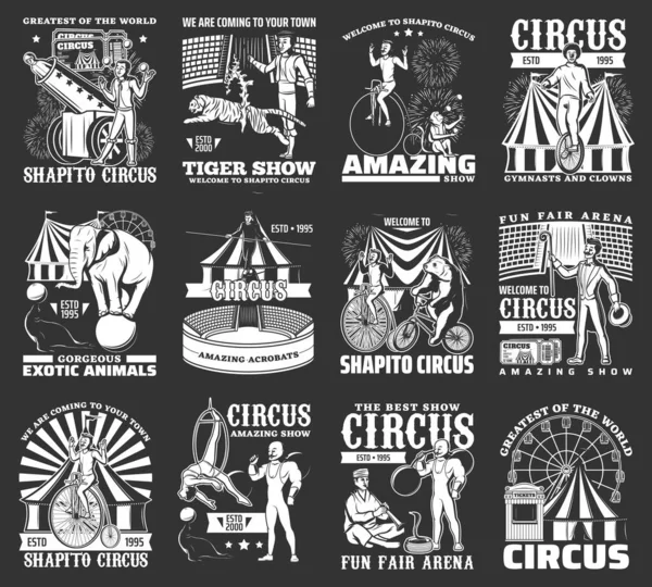 Cirkus Ikoner Monokrom Funfair Karneval Vintage Vektor Rättvis Park Tält — Stock vektor