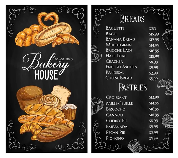 Baker Shop Menü Tábla Kenyér Tészta Pékség Élelmiszer Vektor Vázlat — Stock Vector