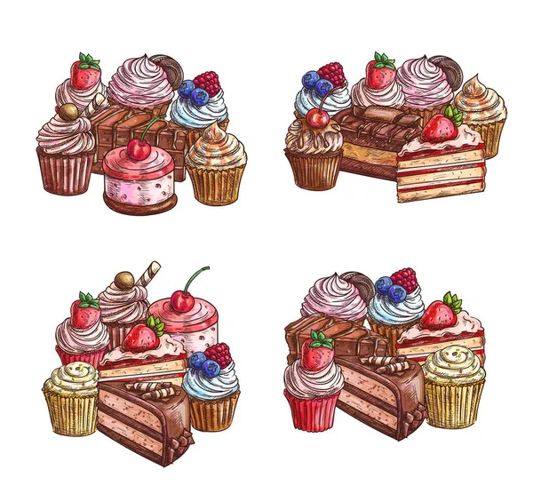 Bolos Sobremesas Esboço Cupcakes Chocolate Doce Pastelaria Vetor Bolos Sobremesa —  Vetores de Stock