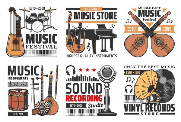 Music and sound icons, instruments, records studio and music store label. Music festival, folk instruments and orchestra music live concert, retro vinyl discs and musical notes