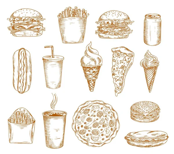 ファーストフードのスケッチアイコン ベクトル ハンバーガー ハンバーガー サンドイッチドアメニュー 手描きのファーストフードピザ 軽食や飲み物の食事 ホットドッグ チーズバーガーとフライドポテト レストランやカフェの食べ物のスケッチ — ストックベクタ
