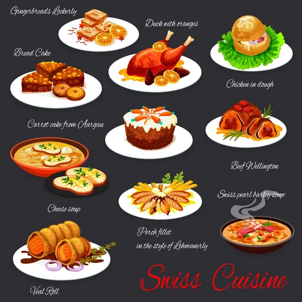 Cuisine Suisse Menu Gastronomique Plats Repas Restaurant Traditionnel Suisse Vecteur — Image vectorielle