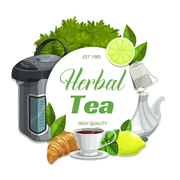 Φυτικό Τσάι Γεύση Λεμονιού Και Φύλλων Μέντας Διανυσματικά Ζεστά Ροφήματα — Διανυσματικό Αρχείο