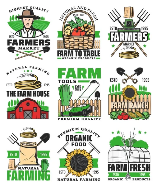 Farming Agriculture Icons Farm Field Farmer Harvest Tractor Vector Farm — Stock Vector