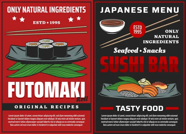 Sushi Posters Japanese Cuisine Food Futomaki Rolls Asian Restaurant Vector — Stock Vector