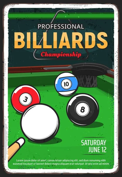 Biljart Tafel Pool Snooker Spel Vector Bal Cue Toernooi Vector — Stockvector