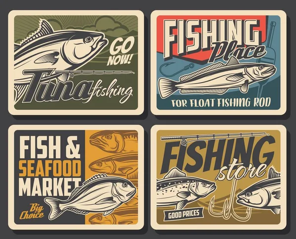 Fishing Posters Fish Fisherman Rod Sea Tuna Lake Trout Bass — Stock Vector