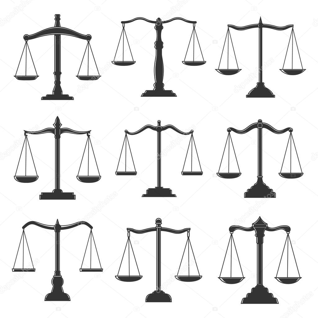 Scales, justice law, notary lawyer and legal attorney vector icons. Scales symbols of judicial justice court, advocate and legal court, advocacy, notary and jurisprudence, civil rights counsel signs
