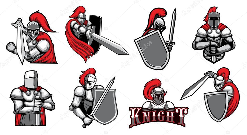 Knight warrior with helmet, shield and Medieval armor with sword, vector heraldic icons. Spartan knight or gladiator and royal warrior in paladin and red plume helmet, mascot emblems and heraldry