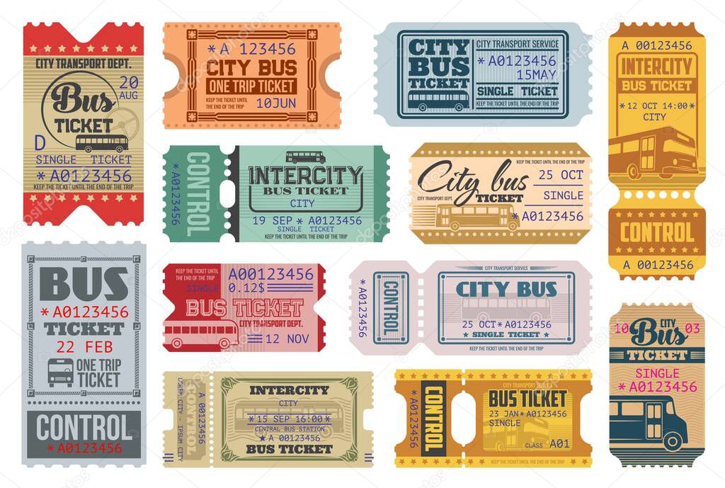 Bus tickets retro coupons, city public transport and intercity bus trip. Vector vintage one way and single trip tickets templates of paper and cardboard with date, time and control number perforation