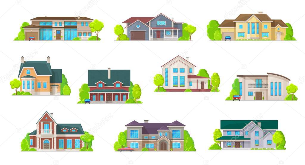 Houses, bungalow cottages and real estate buildings, vector icons. Private houses and residential architecture village, loft mansions and condominiums, family townhouse and home duplex apartments