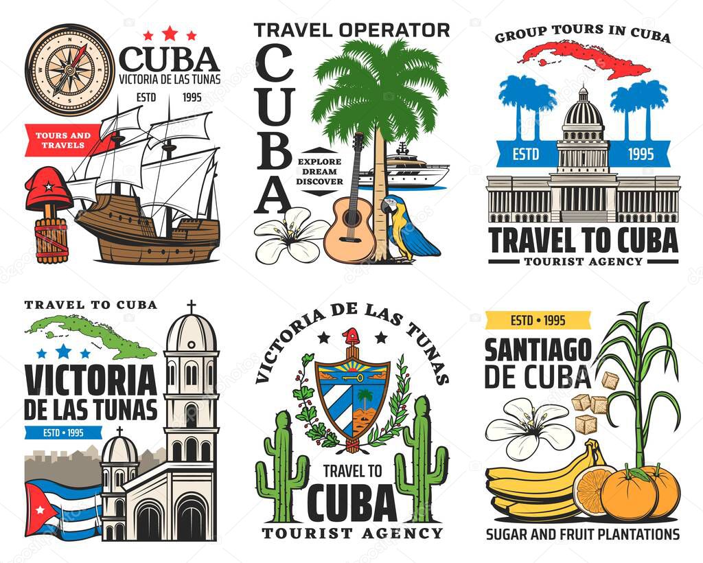Cuba travel icons, Havana Caribbean tourism, beach resorts and landmark city tours, vector. Welcome to Cuba, map and flag, history and culture travel, sugar and fruits plantations sightseeing