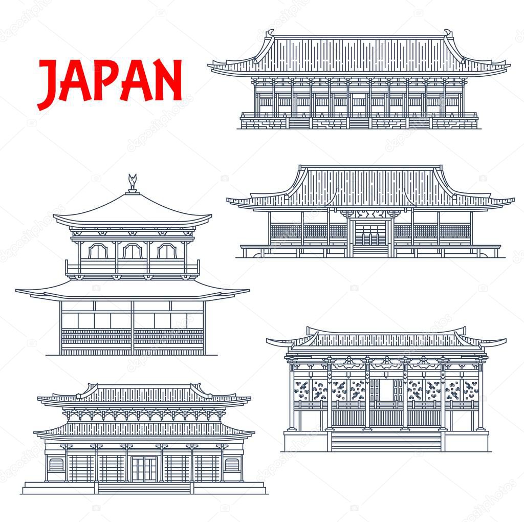 Japan buildings, Japanese temples, pagoda shrines, Kyoto architecture religious landmarks. Ninna-ji, Ginkaku Silver Pavilion or Jisho-ji temple, Eikan-do Zenrin-ji, Nanjen-ji Heian Shinto shrine