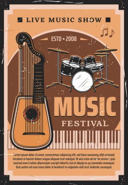 Müzik festivali müzik aletleri ve notalarla dolu bir poster. Davul seti, piyano klavyesi ve ortaçağ arp gitarı veya canlı müzik konseri, etnik festival ve müzikal şov için geri dönüş daveti