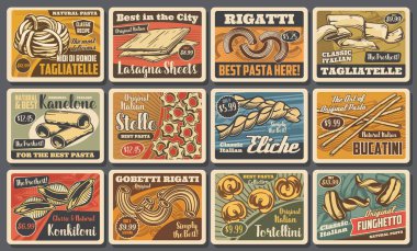 Makarna ve makarna vektör İtalyan mutfağının retro posterleri. Fusilli, cannelloni, tagliatelle ve lazanya, eliche, rigatoni, tortellini ve bucatini, conchiglie ve stelle pasta.