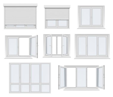 Paten kepenkli plastik pencere ve kapı izole edilmiş vektör modeli. Metal perdeleri, cam panelleri ve PVC çerçeve profilleri olan gerçekçi beyaz pencere ve kapılar, mimari elementlerin 3D tasarımı