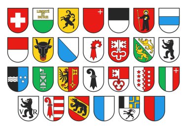 İsviçre ve İsviçre kantonları arması, taşıyıcı hanedanlık. Zürih, Bern, Lucerne ve Cenevre, Uri, Schwyz, Obwalden, Nidwalden, Glarus, Zug ve Fribourg amblemli Heraldik kalkanlar.