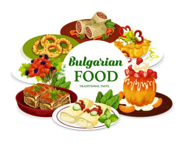 Bulgar mutfağı et yemeği, meyve tatlısı yemekleri, vektör yemeği. Lahana dolması, fileto böreğinde fırında bryndza peyniri, kuru erikli etli etli turta, şekerli çörek, çörek, vanilyalı simit.