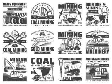Madencilik endüstrisi ekipmanları, makineler ve madenci aletleri ikonları izole etti. Vektör madencisi, miğfer, kazma ve çekiç, demir, kömür ve altın madeni kazıcısı, çöp kamyonu ve dinamit, buldozer ve el arabası sembolleri