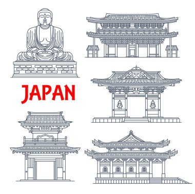 Japon seyahat işaretleri vektör ince pagoda binaları ve heykeli ile. Budist tapınağı Hase-dera, Jochi-ji ve Tofuku-ji Gates, Chion-in sanmon ve Kotoku-in tapınağındaki Büyük Buda.