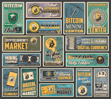 Bitcoin şifreleme, vektör dijital para değişimi, engelleme zinciri işlemleri ve kripto para birimi madenciliği pankartları. Ağ finans teknolojileri, dijital cüzdan, dizüstü bilgisayar, cep telefonu