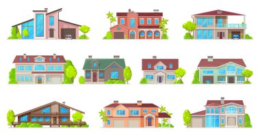 İzole edilmiş konut binaları olan emlak evi vektör simgeleri. Kulübe, villa, bungalov, konak ve malikane iki katlı çatılar, balkonlar, garajlar ve verandalar.