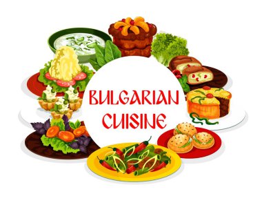 Bulgar mutfağı vektör yiyeceği, sebze salatası, acı biberli et güveç, yoğurt çorbası taratör ve meyveli turtalar. Biber ve çörek doldurulmuş Bryndza peyniri, kremalı kek ve patates püresi, restoran menüsü