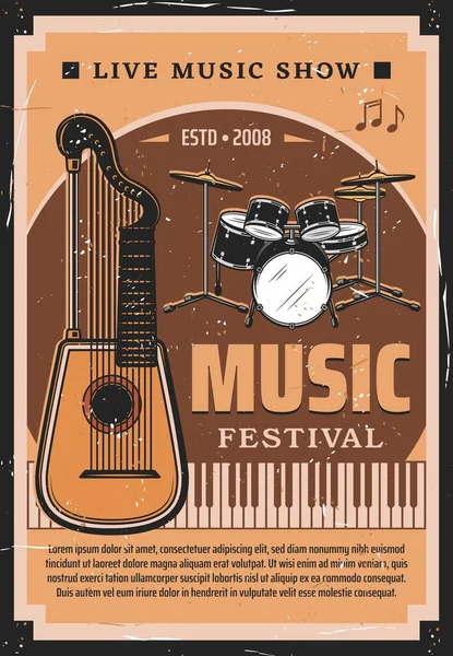 Music Festival Vector Poster Musical Instruments Notes Drum Set Piano — Stock Vector