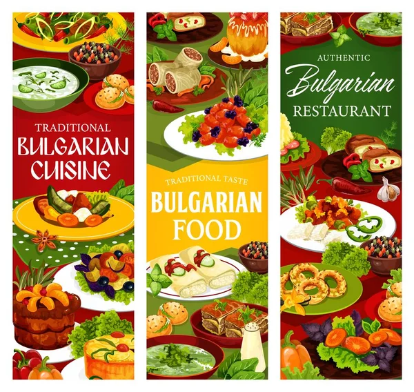 Bulgariska Köket Restaurang Vektor Banners Med Yoghurt Soppa Tarator Bryndza — Stock vektor
