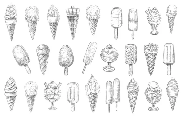Ice Cream Cone Sundae Dessert Stick Vector Sketches Hand Drawn — Stock Vector
