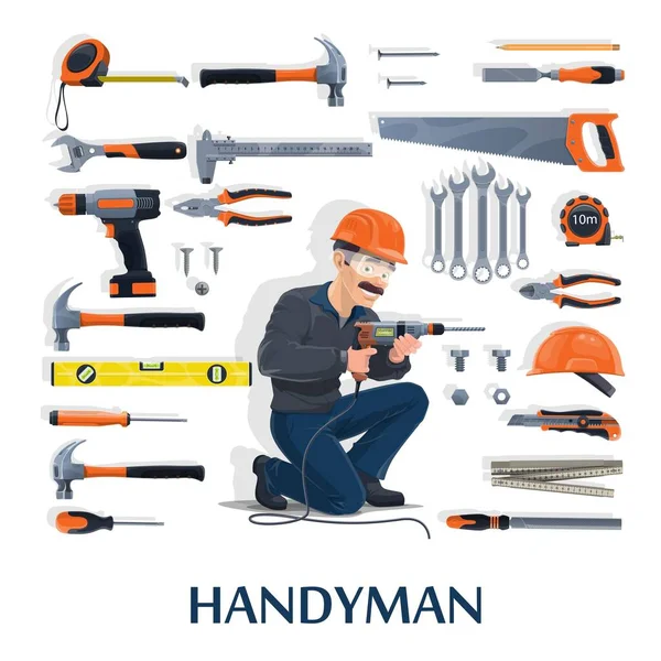 Handyman Com Ferramentas Trabalho Vetor Cartoon Indústria Construção Reparação Casas — Vetor de Stock