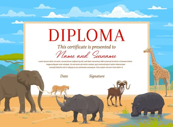 Дети Диплома Векторный Шаблон Сертификата Африканскими Животными Сафари Награда Образование — стоковый вектор