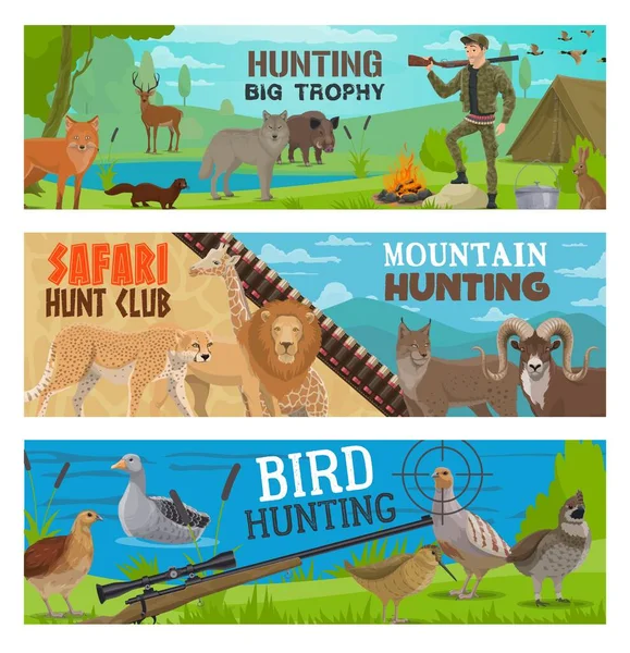 Κυνήγι Αθλητικά Διάνυσμα Πανό Του Κυνηγού Όπλο Ζώο Και Πουλί — Διανυσματικό Αρχείο