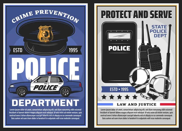 警察部门的服务和警务 法律和司法病媒设计 警官制服帽 带有警徽 巡逻车和手铐 无线电扫描仪和战术防暴盾牌海报 — 图库矢量图片