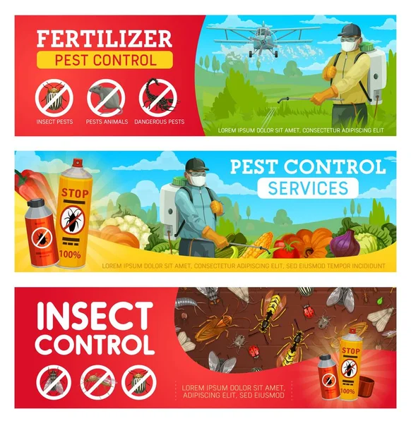 Pest Control Service Vector Banners Plest Insects Bugs Rodent Animals — Archivo Imágenes Vectoriales