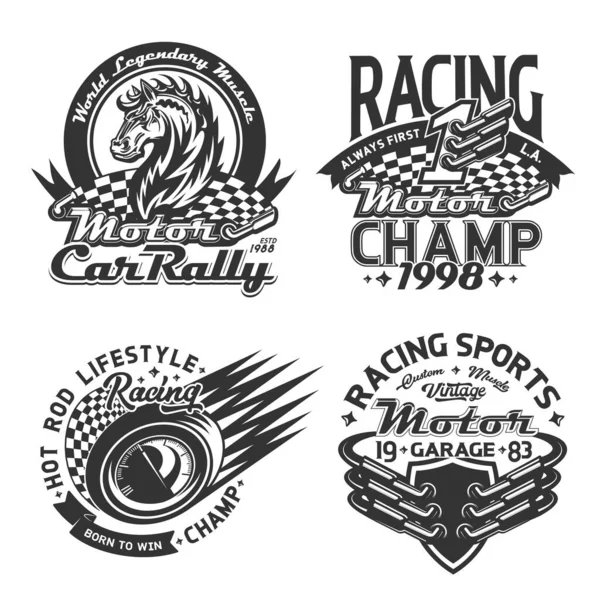 レーシングスポーツと車のラリーTシャツは モックアップ ベクトルモータースポーツ選手権カスタムアパレルを印刷します スタートとフィニッシュレースフラグ 野生のマスタング馬 レースの自動速度計とマフラーバッジテンプレート — ストックベクタ