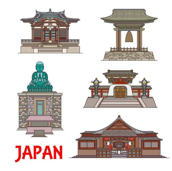 Lugares Interés Japón Vector Delgada Línea Edificio Estatua Japoneses Templos — Vector de stock