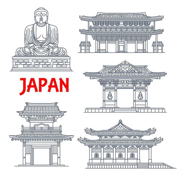 Monumentos Japoneses Viaje Con Vectores Líneas Delgadas Edificios Pagoda Estatua — Vector de stock